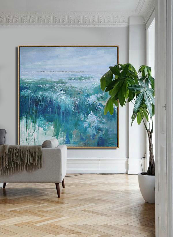Large Modern Abstract Painting,Abstract Landscape Oil Painting,Huge Abstract Canvas Art,Purple Grey,Lake Blue,Dark Blue,White